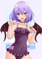  absurdres alternate_costume bat_wings blush bow casual_one-piece_swimsuit choker commentary covered_navel cowboy_shot english_commentary female flat_chest frilled_one-piece_swimsuit frills highres light_purple_hair lykesya no_headwear one-piece_swimsuit open_mouth paw_pose petite pink_bow red_eyes remilia_scarlet short_hair solo swimsuit touhou wings 