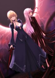  2girls absurdres artoria_pendragon_(fate) ass black_choker black_dress black_footwear blonde_hair braid breasts choker cleavage collarbone commentary_request dark_persona dark_sakura dated dress excalibur_(fate/stay_night) excalibur_morgan_(fate) fate/stay_night fate_(series) hair_ribbon heaven&#039;s_feel high_heels highres holding holding_sword holding_weapon long_hair looking_at_viewer matou_sakura medium_breasts medium_hair multiple_girls red_dress red_eyes ribbon saber_alter shiina_aoi shoes sword two-tone_dress weapon white_hair yellow_eyes 