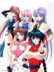  1990s_(style) 1994 5girls arm_up bead_necklace beads blue_eyes braid bridal_gauntlets brown_hair character_request china_dress chinese_clothes copyright_notice dated double_bun dress elbow_gloves fingerless_gloves gloves green_eyes green_hair grey_hair hair_bun high_ponytail highres index_finger_raised jewelry juliana_(megami_paradise) lilith_(megami_paradise) long_hair megami_paradise multiple_girls necklace non-web_source official_art one_eye_closed open_mouth outstretched_arm pelvic_curtain pendant pink_hair red_hair retro_artstyle rurubell short_hair short_sleeves simple_background skirt sleeveless smile stashia translation_request v vambraces very_long_hair white_background white_skirt wristband yoshizane_akihiro 