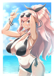  absurdres arm_behind_head armpits arms_up big_hair bikini black_bikini black_ribbon blue_sky blush bracelet breasts chanakim cleavage cloud commentary_request cowboy_shot day eyewear_on_head female from_side glint grey-framed_eyewear grin groin gyaru hair_between_eyes hair_ribbon halterneck high_ponytail highleg highleg_bikini highres hip_focus horizon index_finger_raised jewelry kogal korean_commentary large_breasts last_origin lens_flare lipstick long_hair looking_at_viewer makeup nail_polish navel ocean official_alternate_costume one-piece_tan outdoors outside_border pink_eyes pink_hair ponytail red_lips red_nails ribbon sideboob sidelocks sideways_glance signature skindentation sky smile solo sparkle spriggan_(last_origin) standing strap_gap string_bikini sunglasses sunlight swimsuit tan tanlines triangle_ring very_long_hair water wet wide_ponytail 