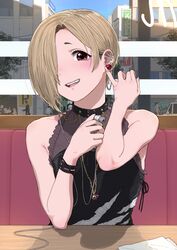  absurdres barbell_piercing bare_arms bare_shoulders black_shirt blonde_hair blouse blush brown_eyes chains commentary ear_chain ear_piercing earbuds earphones female fingernails gold_chain hair_over_one_eye highres idolmaster idolmaster_cinderella_girls industrial_piercing jewelry light_brown_hair long_fingernails looking_at_viewer necklace open_mouth piercing pov_across_table restaurant shirasaka_koume shirt short_eyebrows short_hair sitting sleeveless sleeveless_shirt smile solo turbo_engine_(rakugaki_tabo) 