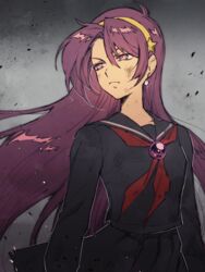  asamiya_athena black_serafuku commentary_request earrings female hair_ornament hairband jewelry long_hair neckerchief pleated_skirt purple_eyes purple_hair school_uniform serafuku simple_background skirt solo star_(symbol) star_hair_ornament taki_(nakochan) the_king_of_fighters the_king_of_fighters_xii upper_body 