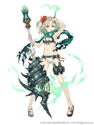  :o bikini bow breasts female flower full_body green_hair hair_flower hair_ornament highres horns ji_no little_match_girl_(sinoalice) looking_at_viewer mace navel official_art red_eyes sandals scarf single_horn sinoalice small_breasts solo square_enix swimsuit thigh_strap weapon white_background 