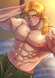  1boy abs absurdres arm_behind_head bed blonde_hair blush clenched_teeth commentary_request commission cowboy_shot cropped dated green_eyes green_pants hand_up highres kageru_(mofnyan) looking_at_viewer male_focus mature_male muscular muscular_male nervous nipples on_bed original pants parted_bangs scar scar_on_cheek scar_on_face sideburns signature sitting skeb_commission solo teeth topless_male 