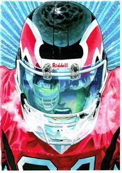  1boy american_football_helmet american_football_uniform border breath eyeshield_21 helmet highres looking_at_viewer male_focus murata_yuusuke official_art open_mouth reflection scan seijuro_shin solo sportswear sweat traditional_media upper_body v-shaped_eyebrows white_border 