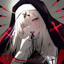  ahoge blonde_hair cross cross_earrings cross_hair_ornament cross_necklace cross_print earrings eyes_visible_through_hair female gloves hair_ornament holding holding_cross jewelry long_hair mole mole_under_eye necklace nijisanji nun oerba_yun_fang open_mouth red_eyes red_pupils single_earring solo sukoya_kana syringe tongue upper_body virtual_youtuber white_gloves yuyu_(yuyuworks) 