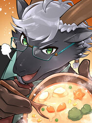  2023 3:4 anthro bovid caprine clothed clothing digital_media_(artwork) eyewear food fur glasses gloves goat green_eyes grey_body grey_fur hair handwear hi_res horn lifewonders looking_at_viewer male mammal sato_syohei solo soup tanngrisnir_(tas) tokyo_afterschool_summoners white_hair 