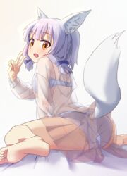  absurdres animal_ear_fluff animal_ears arm_support ass back barefoot blue_bow blue_bra blue_hair blue_panties blunt_bangs blush bow bra brown_eyes brown_skirt casual commentary feet feet_out_of_frame female foreshortening fox_ears fox_girl fox_tail from_behind hairbow hand_up highres hood hood_down hoodie leaning_forward long_sleeves looking_at_viewer looking_back machikado_mazoku oekakiism open_mouth panties plaid plaid_skirt pleated_skirt riko_(machikado_mazoku) see-through see-through_hoodie see-through_skirt short_hair sidelocks simple_background sitting skirt soles solo tail tail_raised toes underwear v wariza white_background white_hoodie white_tail x-ray 