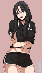  :d artist_name beautiful_gunbari black_eyes black_hair black_shirt black_shorts commentary crossed_arms female korean_commentary looking_at_viewer marheit midriff navel seo_hee-joo shirt short_shorts short_sleeves shorts simple_background smile solo standing 