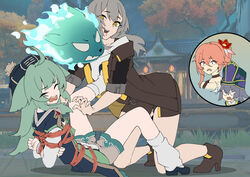  1boy 3girls ahoge arms_behind_back bondage bondage bondage bound bound_arms bound_torso bound_wrists chen_zi cirrus_(honkai:_star_rail) commentary_request female_pervert green_hair grey_hair guinaifen_(honkai:_star_rail) hair_ornament highres honkai:_star_rail honkai_(series) huohuo_(honkai:_star_rail) jacket kicking kneehighs long_hair multiple_girls pervert ponytail possessed red_eyes rope saliva shibari_over_clothes short_hair shorts socks spread_legs stelle_(honkai:_star_rail) surprised tail_(honkai:_star_rail) trailblazer_(honkai:_star_rail) yuri 