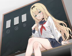  ascot black_choker black_ribbon black_skirt blonde_hair blush chalk chalkboard choker commentary_request crossed_legs female green_eyes hagi_(ame_hagi) hair_between_eyes hair_ribbon highres long_hair long_sleeves looking_at_viewer neckerchief original red_ascot red_neckerchief ribbon school_uniform serafuku sitting skirt smile solo thighs 