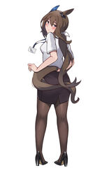  absurdres admire_vega_(umamusume) animal_ears black_footwear black_pantyhose black_skirt blush bow breasts brown_hair commentary ear_covers female full_body high_heels highres horse_ears horse_girl horse_tail lanyard long_hair looking_back medium_breasts office_lady pantyhose pencil_skirt pirukusu ponytail purple_eyes shirt short_sleeves simple_background single_ear_cover skirt solo tail umamusume white_background white_bow white_shirt 