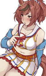  absurdres animal_ears belt blue_jacket blush bow breasts brown_eyes cheerleader chestnut_mouth collarbone commentary_request cropped_shirt ear_ornament female highres horse_ears horse_girl horse_tail jacket jacket_partially_removed medium_breasts medium_hair multicolored_hair navel nice_nature_(run&amp;win)_(umamusume) nice_nature_(umamusume) official_alternate_costume official_alternate_hairstyle orange_belt pirukusu pleated_skirt plump ponytail red_bow red_hair shirt simple_background skirt sleeveless sleeveless_shirt solo streaked_hair sweat tail umamusume white_background white_shirt white_skirt 