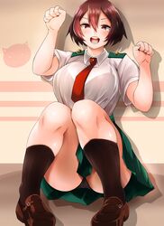  :d adahcm against_wall ass black_bra black_panties black_socks blush bob_cut boku_no_hero_academia bra breasts brown_footwear brown_hair cat_symbol commentary female green_skirt hair_between_eyes highres knees_together_feet_apart knees_up large_breasts loafers long_bangs looking_at_viewer mandalay_(boku_no_hero_academia) necktie on_floor on_ground open_mouth panties paw_pose pigeon-toed pleated_skirt red_necktie round_teeth school_uniform see-through see-through_shirt shirt shoes short_hair short_sleeves sitting skirt smile socks teeth thighs tie_clip u.a._school_uniform underwear v-shaped_eyebrows white_shirt 