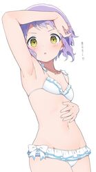  arm_up armpits bikini blush bow chestnut_mouth collarbone commentary cowboy_shot dot_nose female flat_chest frilled_bikini frills hand_on_own_stomach highres idolmaster idolmaster_million_live! jewelry looking_at_viewer makabe_mizuki mochigome_(ununquadium) navel necklace purple_hair short_hair sidelocks solo stomach swimsuit thighs translation_request v-shaped_eyebrows wavy_hair white_background white_bikini white_bow yellow_eyes 