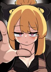  :t absurdres black_bow black_shirt blonde_hair blush bow breasts brown_dress cleavage closed_mouth collared_shirt commentary_request dress female grey_background hair_bun hairbow highres kurodani_yamame looking_at_viewer medium_bangs medium_breasts pinafore_dress pink_eyes raised_eyebrow reaching reaching_towards_viewer rinyamame shirt short_hair sidelocks single_hair_bun sleeveless sleeveless_dress solo touhou upper_body 