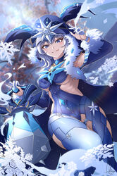  :q absurdres blue_bodysuit blue_choker blue_cloak blue_eyes blue_hood blurry blurry_background bodysuit breasts choker cicin_mage_(genshin_impact) cloak clothing_cutout cryo_cicin_mage_(genshin_impact) dasoin dated english_commentary female fur-trimmed_hood fur-trimmed_sleeves fur_trim genshin_impact gloves half_gloves highres holding holding_lantern hood hooded_cloak ice ice_crystal korean_commentary lantern large_breasts licking_lips long_sleeves looking_at_viewer mixed-language_commentary partially_fingerless_gloves short_hair sideless_outfit signature solo tongue tongue_out tree white_gloves white_hair 