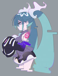  absurdres aqua_hair bare_shoulders breasts commentary detached_sleeves english_commentary female from_side ghost_miku_(project_voltage) grey_background hatsune_miku highres long_hair ocha_(popopogg) pokemon project_voltage simple_background skirt sleeves_past_wrists solo very_long_hair vocaloid yellow_eyes 