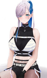  aqua_eyes asymmetrical_legwear bad_id bad_pixiv_id bare_shoulders black_gloves black_shorts black_sweater blue_hair breasts bright_pupils chest_harness choker closed_mouth colored_inner_hair commentary cropped_sweater female fishnet_pantyhose fishnets gloves grey_hair hair_over_one_eye harness haro_art highres hololive hololive_indonesia large_breasts light_blush long_hair looking_at_viewer midriff mismatched_legwear multicolored_hair navel o-ring o-ring_choker official_alternate_costume pantyhose pavolia_reine pavolia_reine_(streetwear) ponytail short_shorts shorts simple_background sitting sleeveless sleeveless_turtleneck solo sweater turtleneck turtleneck_sweater two-tone_hair virtual_youtuber white_background white_pupils 