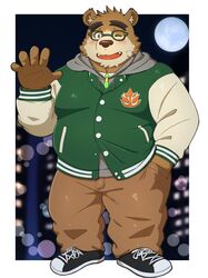  2023 anthro bear blush bottomwear brown_body brown_fur clothing fur hi_res hoodie humanoid_hands kemono lifewonders male mammal moon overweight overweight_male pants solo tokyo_afterschool_summoners topwear volos_(tas) yaki_atsuage 