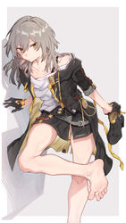  absurdres bare_legs barefoot batatata77 belt black_footwear black_gloves black_skirt breasts closed_mouth coat collarbone commentary feet female foot_focus foot_out_of_frame gloves gold_trim grey_background grey_belt grey_hair hair_between_eyes highres holding honkai:_star_rail honkai_(series) long_hair looking_at_viewer medium_breasts miniskirt off_shoulder open_clothes open_coat shadow shirt shoes skirt sleeve_rolled_up soles solo stelle_(honkai:_star_rail) thigh_strap toes trailblazer_(honkai:_star_rail) unworn_shoes white_shirt yellow_eyes 