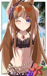  96dai_0313 absurdres alternate_costume animal_ears arms_up beach bikini black_bikini blue_eyes blue_sky blurry blurry_background blush border breasts brown_hair closed_mouth commentary_request cosplay eyewear_on_head female flower grass_wonder_(umamusume) heart heart-shaped_eyewear hibiscus highres horse_ears horse_girl horse_tail long_hair looking_at_viewer maruzensky_(blasting_off_summer_night)_(umamusume) maruzensky_(umamusume) maruzensky_(umamusume)_(cosplay) multicolored_hair navel one_eye_closed outdoors sand sky small_breasts solo streaked_hair swimsuit tail umamusume underboob water white_border white_hair 