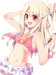  absurdres arm_up bare_arms bare_shoulders blonde_hair blush breasts crop_top fate/grand_order fate/kaleid_liner_prisma_illya fate_(series) feather_hair_ornament feathers female hair_between_eyes hair_ornament hand_on_own_head highres holding holding_staff illyasviel_von_einzbern long_hair magical_girl magical_ruby midriff miniskirt navel open_mouth prisma_illya red_eyes sidelocks simple_background skirt sleeveless small_breasts solo staff star_(symbol) stomach straight_hair tank_top tei_(oekakikaki) white_background 