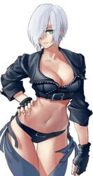  absurdres angel_(kof) backless_pants blue_eyes bra breasts chaps cleavage commentary crop_top cropped_jacket female fingerless_gloves gloves hair_over_one_eye hand_on_own_hip highres jacket kimuwaipu large_breasts leather leather_jacket looking_at_viewer midriff navel panties pants short_hair smile snk solo strapless strapless_bra the_king_of_fighters the_king_of_fighters_xiv toned underwear white_hair 