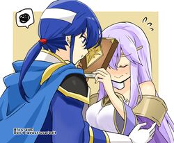  1boy bare_shoulders blue_cape blue_eyes blue_hair blush book breasts brother_and_sister cape circlet closed_eyes dress female fire_emblem fire_emblem:_genealogy_of_the_holy_war headband holding holding_book implied_incest julia_(fire_emblem) long_hair ponytail pout purple_cape purple_hair seliph_(fire_emblem) siblings simple_background white_headband yukia_(firstaid0) 