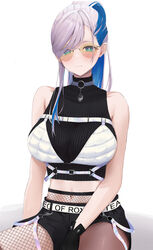  aqua_eyes asymmetrical_legwear bad_id bad_pixiv_id bare_shoulders black_gloves black_shorts black_sweater blue_hair breasts bright_pupils chest_harness choker closed_mouth colored_inner_hair commentary cropped_sweater female fishnet_pantyhose fishnets gloves grey_hair hair_over_one_eye harness haro_art highres hololive hololive_indonesia large_breasts light_blush long_hair looking_at_viewer midriff mismatched_legwear multicolored_hair navel o-ring o-ring_choker official_alternate_costume orange-tinted_eyewear pantyhose pavolia_reine pavolia_reine_(streetwear) ponytail short_shorts shorts simple_background sitting sleeveless sleeveless_turtleneck solo sunglasses sweater tinted_eyewear turtleneck turtleneck_sweater two-tone_hair virtual_youtuber white_background white_pupils 