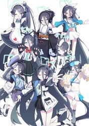  525_woiwo ^_^ absurdres alternate_costume apron aqua_halo aris_(blue_archive) aris_(maid)_(blue_archive) arona_(blue_archive) arona_(blue_archive)_(cosplay) black_dress black_hair black_kimono black_skirt blue_archive blue_eyes blue_headwear blue_necktie blue_shirt blue_skirt blush bow bowtie choker closed_eyes collared_shirt commentary_request cosplay cropped_shirt double-parted_bangs dress female floating floral_print_kimono frilled_apron frilled_dress frills fur-trimmed_kimono fur_trim gloves goggles goggles_on_head hair_between_eyes hair_bun halo hands_up highres holding holding_pom_poms jacket japanese_clothes kimono leg_up long_bangs long_hair long_hair_between_eyes long_sleeves looking_at_viewer maid_apron maid_headdress midriff millennium_cheerleader_outfit_(blue_archive) miniskirt necktie official_alternate_costume one_eye_closed one_side_up open_clothes open_jacket open_mouth outstretched_arms pencil_skirt police police_uniform pom_pom_(cheerleading) puffy_long_sleeves puffy_sleeves sailor_collar salute sash school_uniform serafuku shirt shirt_tucked_in single_hair_bun skirt skirt_hold smile stomach uniform v very_long_hair white_apron white_bow white_bowtie white_choker white_dress white_footwear white_gloves white_headdress white_headwear white_jacket white_sailor_collar white_shirt white_skirt yellow_sash 