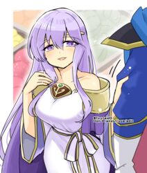  1boy bare_shoulders blue_cape breasts brother_and_sister cape circlet dress female fire_emblem fire_emblem:_genealogy_of_the_holy_war holding_another&#039;s_arm jewelry julia_(fire_emblem) open_mouth purple_cape purple_eyes purple_hair sash seliph_(fire_emblem) siblings wide_sleeves yukia_(firstaid0) 