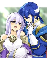  1boy bare_shoulders blue_eyes blue_hair blurry blurry_background breasts brother_and_sister circlet dress female fire_emblem fire_emblem:_genealogy_of_the_holy_war headband holding_another&#039;s_hair julia_(fire_emblem) open_mouth ponytail purple_eyes purple_hair seliph_(fire_emblem) siblings smile white_headband wide_sleeves yukia_(firstaid0) 