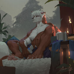  1:1 absurd_res anthro awaldkize candle canid cheek_tuft clothed clothing controller english_text facial_tuft fur hair hi_res holding_controller holding_object male mammal mouth_closed neck_tuft plant purple_eyes red_body red_fur short_hair sitting snow solo text topless tree tuft white_body white_fur white_hair 