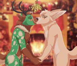  anthro antlers blurred_background blush brown_body brown_fur canid canine canis christmas christmas_decorations christmas_lights christmas_ornament christmas_present christmas_stocking christmas_tree closed_eyes deer detailed detailed_background digital_media_(artwork) duo esofaoul_(character) fennec_fox fireplace fox fur gift green_body green_fur hair hand_holding hi_res holidays horn hybrid kissing lawkie lips male male/male mammal mistletoe nude plant tail tree true_fox white_body white_fur wolf 