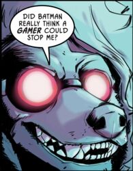  2022 angry anthro batman_(series) blue_body blue_fur blue_nose bold_text canid canine canis close-up comic_panel dc_comics detailed dialogue domestic_dog english_text eyebrows eyewear fangs fur glowing glowing_eyes goggles happy humor male mammal meme mr._freeze open_mouth portrait question question_mark shadow sharp_teeth smile solo speech_bubble teeth text vanillayote white_eyes 