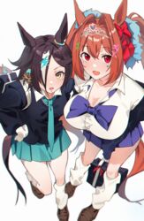  2girls absurdres animal_ears aqua_necktie aqua_skirt blue_bow blue_bowtie blue_skirt bow bowtie breasts brown_hair cleavage commentary daiwa_scarlet_(umamusume) english_commentary hair_over_one_eye highres horse_ears horse_girl horse_tail jenshenya large_breasts long_hair looking_at_viewer loose_socks mole mole_under_eye multiple_girls necktie open_mouth red_eyes red_hair school_uniform shirt short_hair simple_background skirt socks tail umamusume vodka_(umamusume) white_background white_shirt white_socks yellow_eyes 