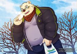  1boy alternate_costume animal_ears bag baozi bara bare_tree bear_boy bear_ears belly blue_sky bulge covered_navel cowboy_shot daisukebear dutch_angle eating familymart fat fat_man food forked_eyebrows furry furry_male glasses jacket leib_(housamo) male_focus mature_male open_clothes open_jacket outdoors paid_reward_available pants pectorals plastic_bag plump purple_sweater red_scarf scarf short_hair sideburns sky smile snow solo sweater thick_eyebrows tokyo_afterschool_summoners tree winter_clothes 