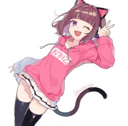  ;d animal_ear_headphones animal_ears black_thighhighs blunt_bangs brown_hair cat_ear_headphones cat_ears cat_tail commentary drawstring dutch_angle fake_animal_ears fangs female hand_up headphones hood hood_down hoodie kmnz long_sleeves looking_at_viewer mc_liz miniskirt niko_(nikooo2016) one_eye_closed open_mouth pink_eyes pink_hoodie pleated_skirt shiny_clothes shiny_legwear short_hair simple_background skirt smile solo tail thighhighs twitter_username virtual_youtuber w white_background white_skirt zettai_ryouiki 