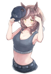  animal_ears arm_up bare_shoulders baseball_cap belt black_belt black_hat black_pants blush boc&#039;z_(umamusume) breasts cleavage commentary_request female grey_sports_bra hair_ornament hairclip hat highres horse_ears horse_girl matikane_tannhauser_(boc&#039;z)_(umamusume) matikane_tannhauser_(umamusume) medium_breasts midriff navel pants simple_background smile solo sports_bra suke_omi umamusume upper_body white_background yellow_eyes 