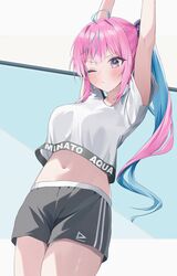  arms_up blue_hair blush breasts colored_inner_hair cowlick crop_top english_text female from_below gym_shorts highres hololive hololive_dance_practice_uniform large_breasts long_hair midriff minato_aqua multicolored_hair navel nel_dcm official_alternate_costume one_eye_closed pink_hair purple_eyes shirt shorts side_ponytail streaked_hair stretching t-shirt two-tone_hair virtual_youtuber white_shirt 