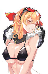  bikini black_bikini black_scarf blonde_hair blush bow breasts breasts_squeezed_together covered_nipples double-parted_bangs embarrassed eyewear_on_head female fur_collar hairband hairbow hololive hololive_indonesia kaela_kovalskia large_breasts looking_at_viewer medium_hair one_eye_closed popo_(popo0cat) red-tinted_eyewear red_bow red_eyes red_hairband scarf simple_background skindentation solo sunglasses swept_bangs swimsuit teeth tinted_eyewear virtual_youtuber white_background 