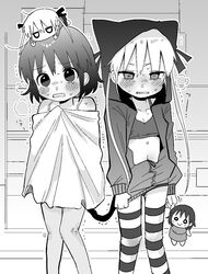  2girls animal_ear_hood animal_ears blush bra bra_strap breasts breath cat_tail character_doll cleavage clenched_hands clenched_teeth cold collarbone commentary_request covering_privates doll doll_on_head fake_animal_ears fake_tail feet_out_of_frame frown furrowed_brow greyscale grimace half-closed_eyes highres holding holding_doll hood hood_up hoodie hoodie_tug horizontal-striped_thighhighs kill_me_baby long_hair looking_at_viewer monochrome multiple_girls narrowed_eyes nervous nervous_sweating open_clothes open_hoodie open_mouth oribe_yasuna outdoors outline panties partially_unzipped pigeon-toed shoulder_blush side-by-side small_breasts snot sonya_(kill_me_baby) standing stomach striped_clothes striped_thighhighs sweat tail teeth thighhighs trembling twintails underwear v-shaped_eyebrows yasashii_naizou 