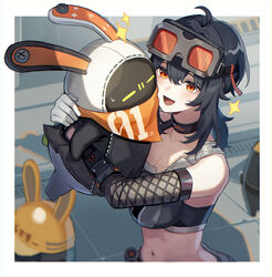  :d ahoge bangboo_(zenless_zone_zero) bare_shoulders black_choker black_hair black_sports_bra breasts choker cleavage commentary_request crop_top elbow_gloves female gloves goggles goggles_on_head grace_howard highres holding hug kino_(m6t2a) large_breasts medium_hair midriff navel orange_eyes smile sports_bra stomach upper_body white_gloves zenless_zone_zero 