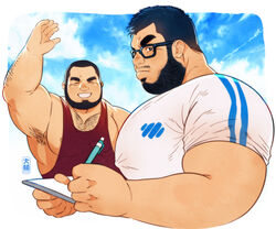  2boys =_= arm_hair armpit_hair armpits bad_id bad_twitter_id bara beard blue_sky chest_hair covered_nipples cropped_torso daisukebear facial_hair from_side frown full_beard glasses highres huge_eyebrows large_pectorals male_focus mature_male multiple_boys nipple_slip nipples notebook original pectoral_cleavage pectorals plump red_tank_top shirt short_hair sidepec sky stomach t-shirt tank_top waving writing 