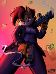  2023 3:4 anthro archie_comics blue_eyes breasts brown_body brown_fur chipmunk clothed clothing currency female fur grin ground_squirrel gun hair handgun hi_res low-angle_view mammal missile_launcher pistol ranged_weapon red_hair rocket_launcher rodent sally_acorn sciurid sega shieltar smile smoke smoking_gun solo sonic_the_hedgehog_(archie) sonic_the_hedgehog_(comics) sonic_the_hedgehog_(series) weapon 