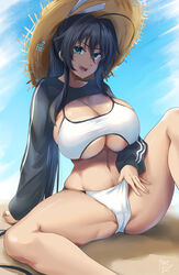  azur_lane bikini black_hair black_shirt blue_eyes breasts clothing_cutout commentary_request dark_skin day female hair_between_eyes hat highres homura_(senran_kagura) homura_(the_shinobi_angler)_(senran_kagura) ibara_azuki large_breasts long_hair long_sleeves looking_at_viewer navel official_alternate_costume open_mouth outdoors senran_kagura shirt sitting smile solo spread_legs straw_hat swimsuit thighs underboob_cutout white_bikini 