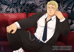  1boy bara belt black_suit blonde_hair blue_belt blue_necktie bored bulge chains collared_shirt couch covered_nipples daisukebear dorohedoro elbow_rest facial_hair feet_out_of_frame glasses large_pectorals looking_at_viewer loose_necktie male_focus muscular muscular_male necktie on_couch paid_reward_available partially_unbuttoned pectorals plump shin_(dorohedoro) shirt short_hair sideburns sideburns_stubble sitting solo spread_legs stitches stubble suit thick_eyebrows thick_thighs thighs 