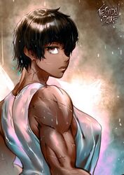  berserk black_hair breasts brown_eyes casca_(berserk) covered_nipples dark-skinned_female dark_skin female large_breasts looking_at_viewer muscular muscular_female rain scar scar_on_arm scar_on_cheek scar_on_face scar_on_neck scar_on_nose scar_on_shoulder short_hair signature sleeveless solo the_golden_smurf wet 