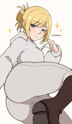  absurdres annie_leonhart artist_name blonde_hair blue_eyes boots brown_footwear cremanata female half_updo highres hood hoodie knee_boots pants parted_bangs shingeki_no_kyojin short_hair simple_background solo watermark white_background white_hoodie white_pants 